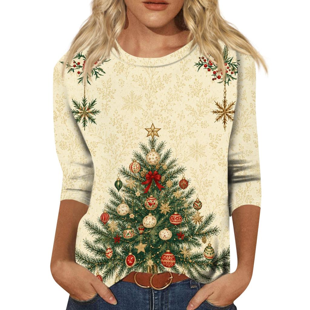 Women's Casual Christmas Print Three-Quarter Sleeve Neck Blouse