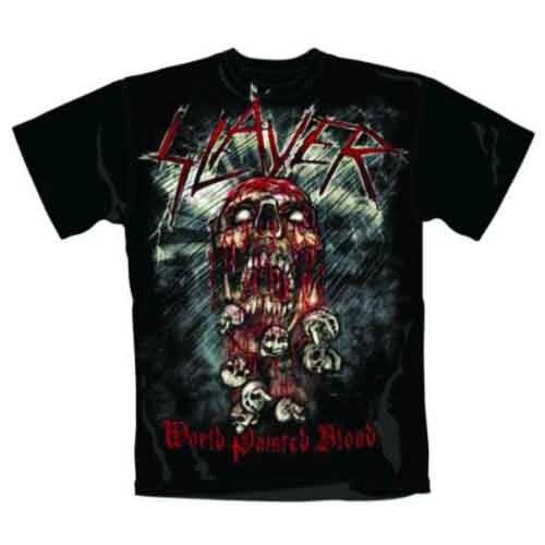 Slayer Men World Painted Blood Skull Short Sleeve T-Shirt, Black, Small M