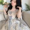 Temperament romantic printed lace-up waist square collar long dress summer waist thin