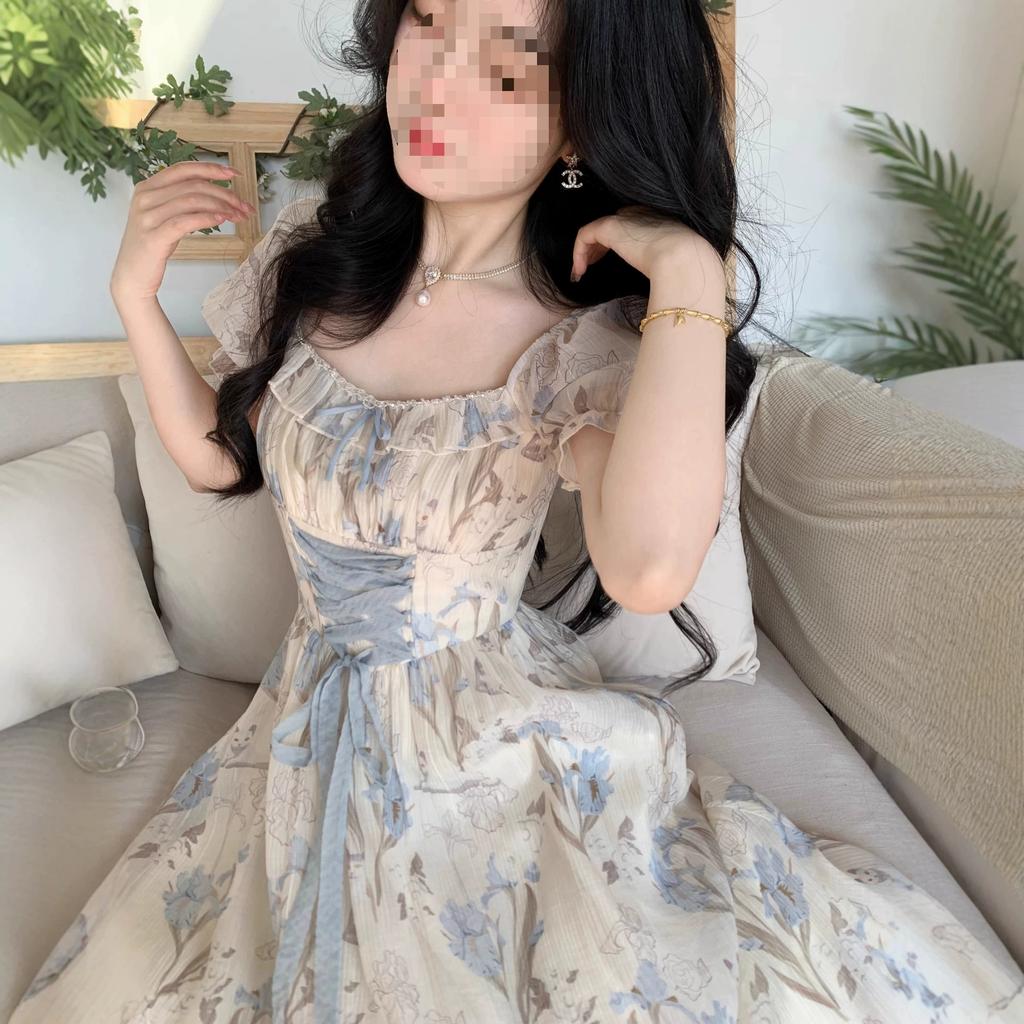 Temperament romantic printed lace-up waist square collar long dress summer waist thin