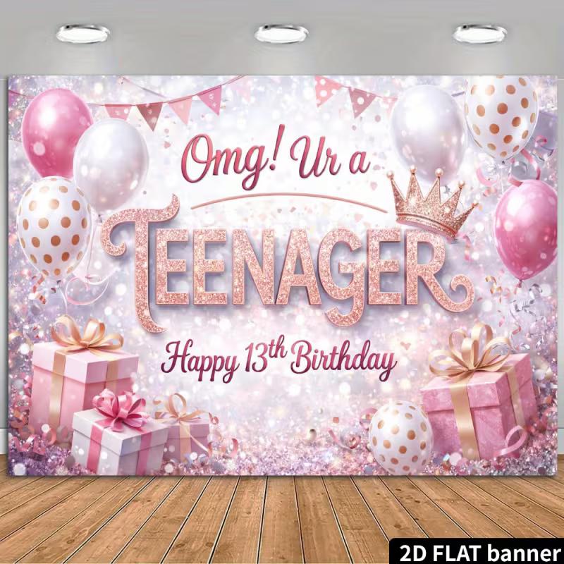 2D 13th Birthday Photography Backdrop Rose Gold Glitter & Crown Photo Booth Banner