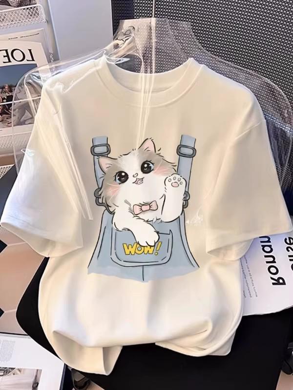 Cross-Border E-commerce Women's Cartoon Kitten Print Short-Sleeve T-Shirt, 2026 Summer, Plus Size, Loose Fit, Trendy Slimming Design.