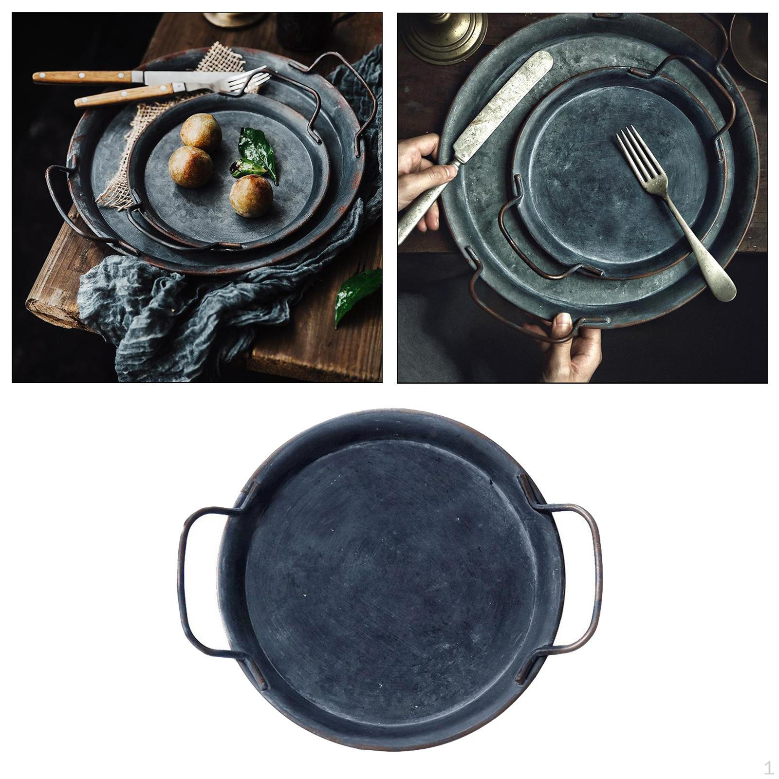 

Dinnerware European Style Retro Metal Plate with Handles Wrought Tray for Candy Cheese Bread Dishes S