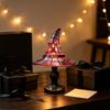 Decorative Desk Lamp Handcrafted Stained Glass Witch Hat Lamp, USB Powered Gothic Wizard Night Light, Retro Resin Accent with Purple Amber Mosaic,