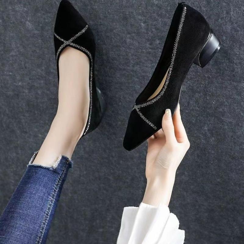 Shallow Single Shoes Rhinestone Women's Spring and Autumn New Pointed Thick Heel Mother Shoes Suede Low Heel Comfortable Mesh Women's Shoes