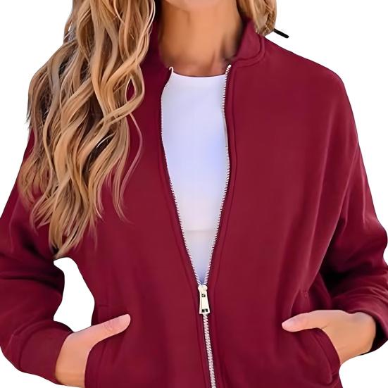 Women's Full Zip Up Jacket Spring Fall Long Sleeve Short Sweatshirt Casual Loose Outwear with Pockets