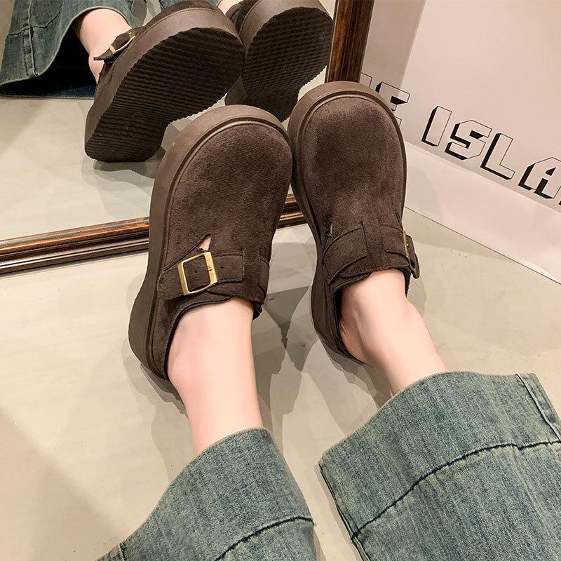 Retro Thick-bottomed Boken Bag Head and Half Slippers for Women's 2025 Spring New Models To Increase Height and Wear Lazy People with One Foot and H