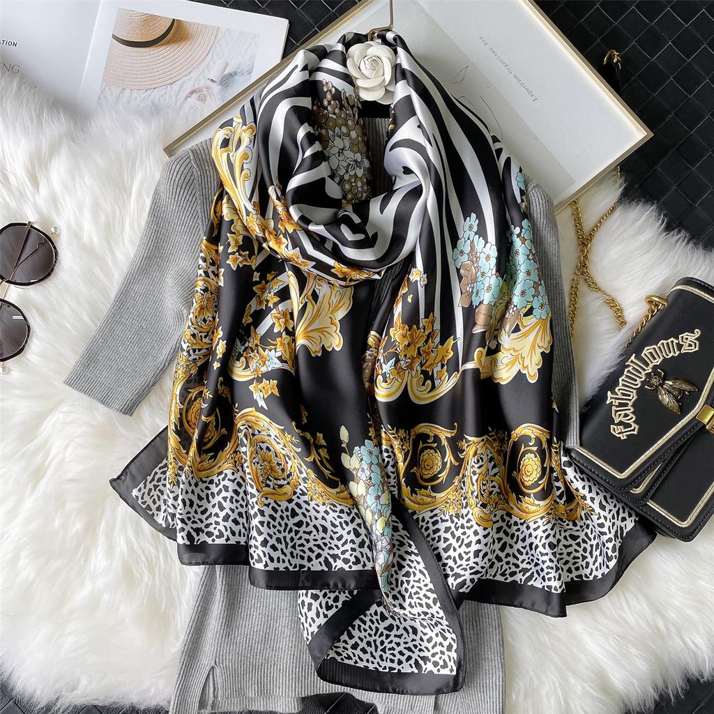 Neue Frühlings- und Sommerdrucke Vielseitiger und multifunktionaler Seidenimitatschal für Damen mit floralem Sonnenschutzschal Mittellanger Stil