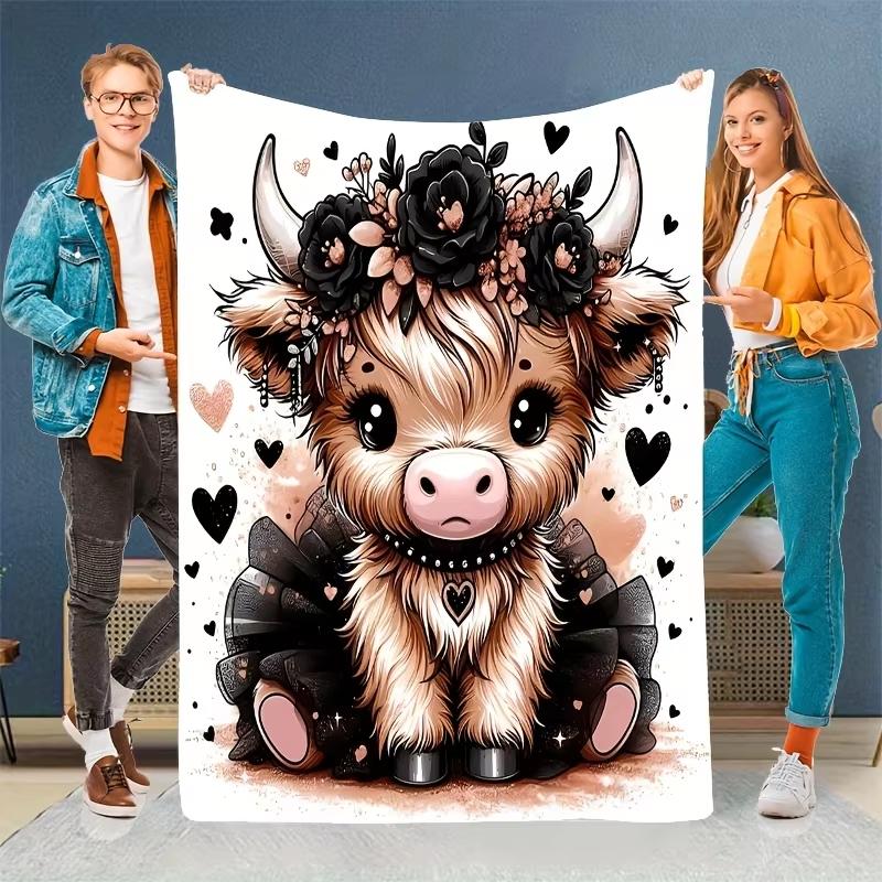 1 x Cozy Cartoon Cow Print Flannel Blanket-Soft and warm ripstop fabric, cute animal pattern and floral hearts, machine washable