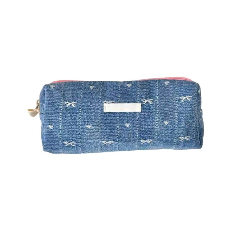 Jeans Fabric Pen Case Large Bowknot Pencil Bag Spacious Compartment Travel Makeup Bag for Student Women Travel Essential