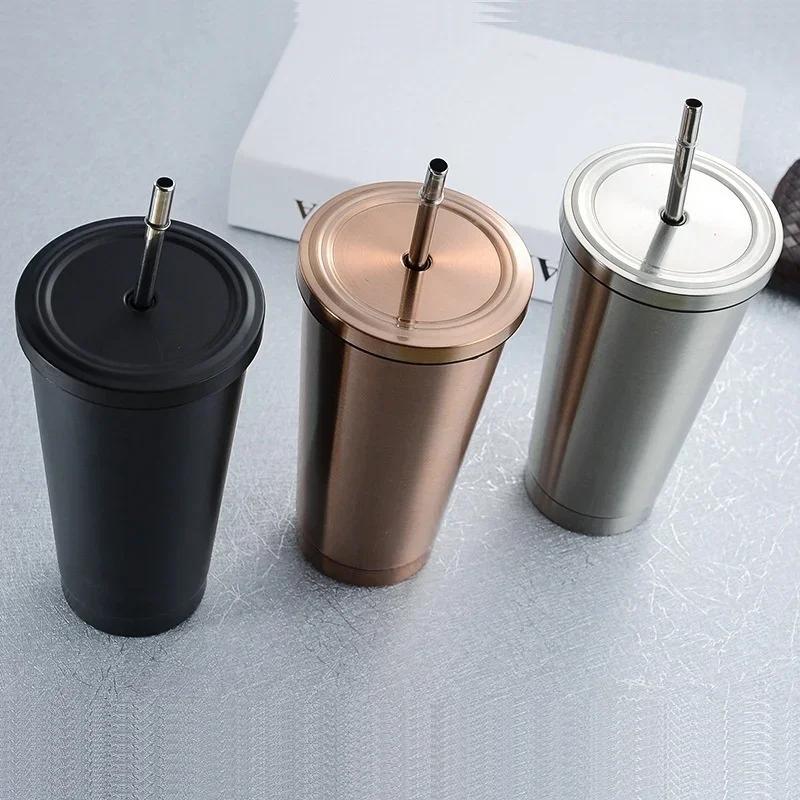 1pcs Stainless Steel Coffee Mug with Straw Lid Portable Coffee Cup Drinking Beer Milk Water Cup Restaurant Bar Party