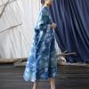 Johnature Women Vintage Dress Stand Bat Sleeve Print Floral Blue Autumn Chinese Stye Loose Dresses