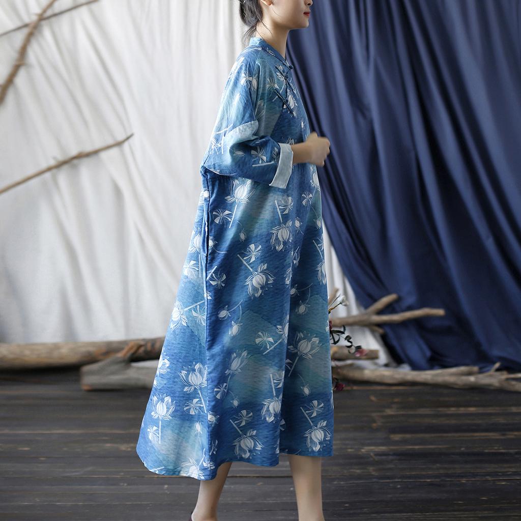 Johnature Women Vintage Dress Stand Bat Sleeve Print Floral Blue Autumn Chinese Stye Loose Dresses