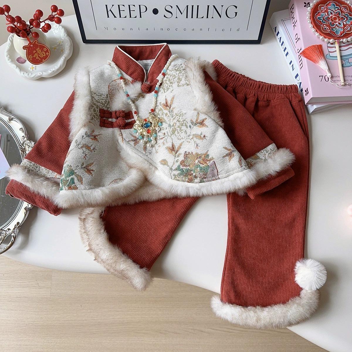 

In Stock: Children s New Year Outfit - Autumn/Winter 2026 Stylish Chinese Style First Birthday Set 90 cm