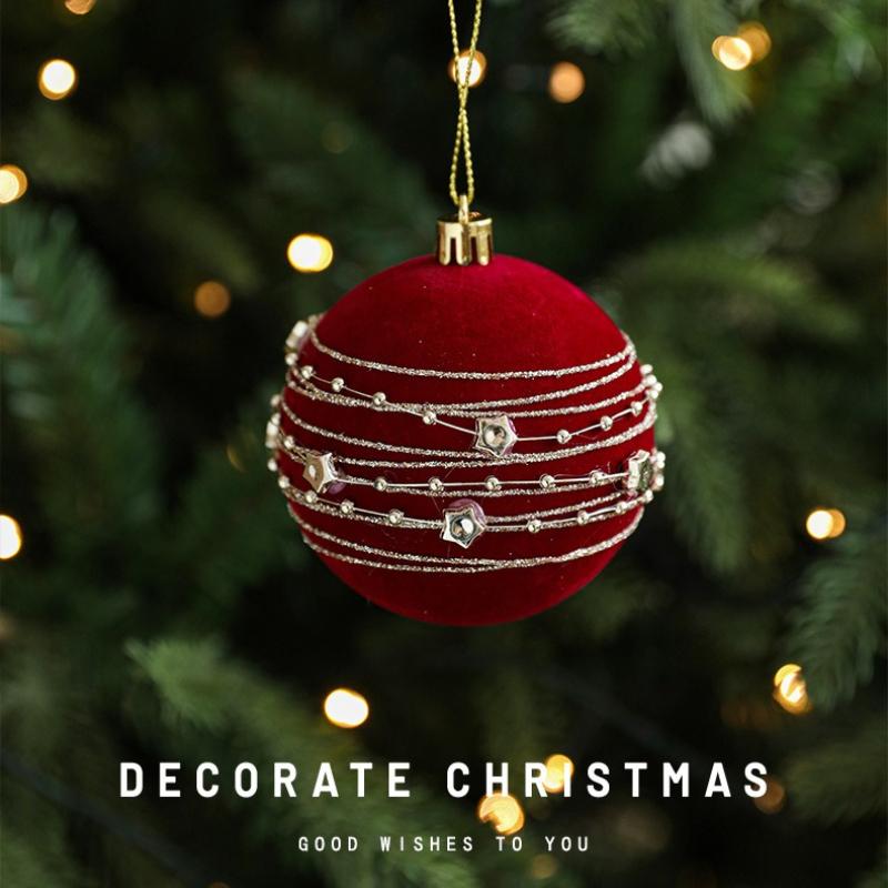 4pcs Christmas Balls, 8CM Wine Red Flocked Christmas Balls, Hanging Balls, Glitter Plastic Balls, Christmas Tree Ornaments
