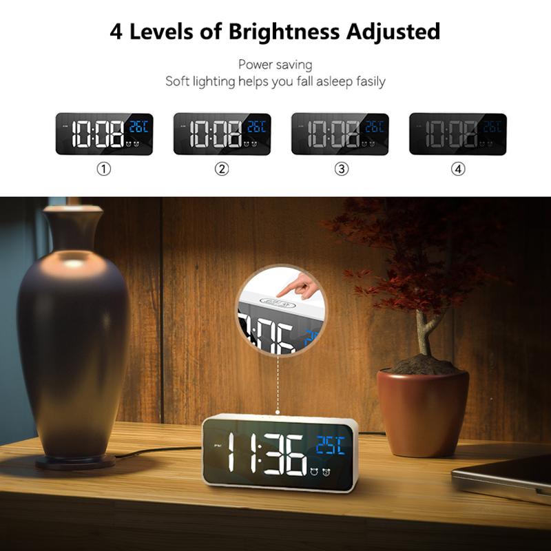 Digital Alarm Clock Temperature Display Portable Bedside Music Clock for Home Office Bathroom Dual Alarms Ringtones Rechargeable
