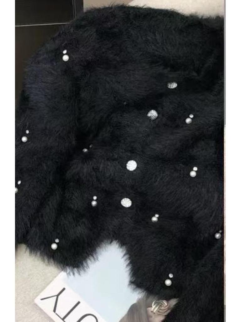 Damen Herbst/Winter Locker gestrickte Strickjacke mit Perlenknöpfen und Faux-Mink-Beschichtung