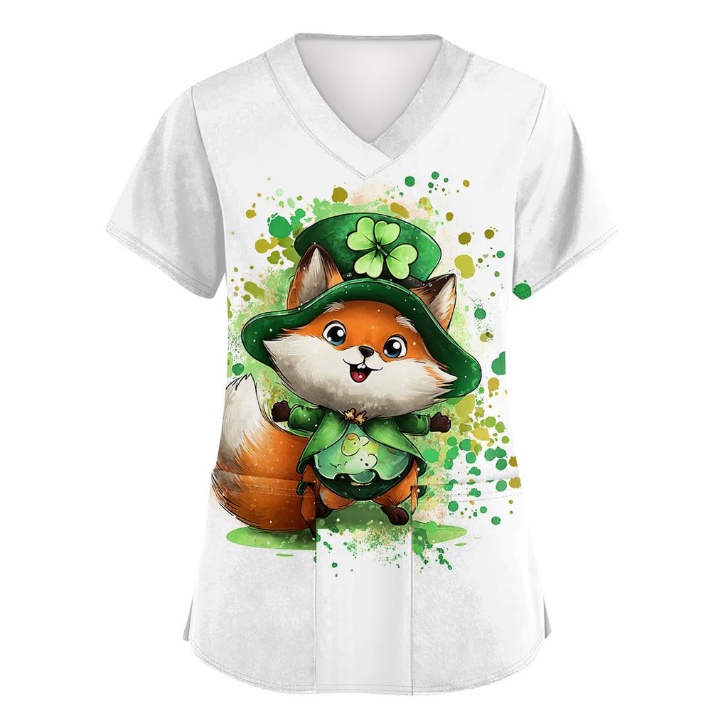 Women's V-neck St. Patrick's Day Printed Short-sleeved Pocket Side-slit Protective Suit Top