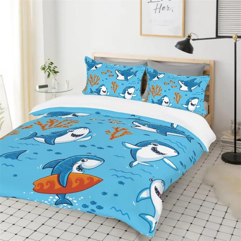 Blått och Vitt Tecknat Hajfiskmönster Barn Påslakan Pojkar Flickor Lyxig Rumsdekoration för Barn Tonåringar Gåva Queen Size