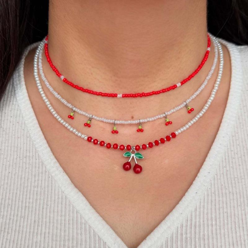 Cherry Set Necklace Multi-layer Stacking Design Summer Small Fresh Rice Bead Chain Accessories Necklace Women