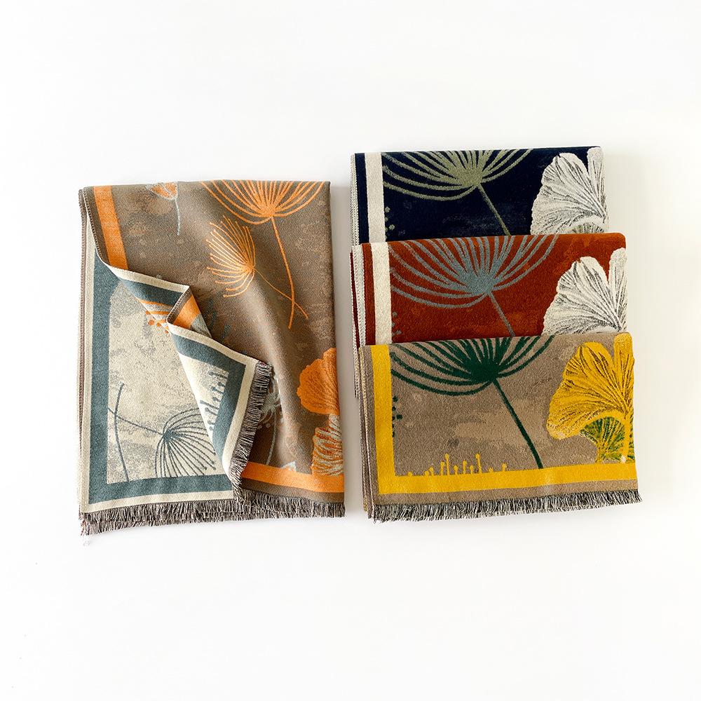 Imitation cashmere double-sided soft fringed shawl scarf high-end sense ginkgo biloba intellectual literary and artistic winter warm scarf women