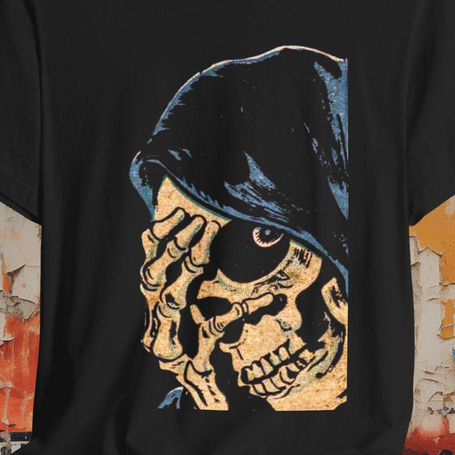 Comic Death Skeleton T-Shirt - Gothic Vintage Horror Tee for Skull & Skeleton Fans, Punk Metal Style, Retro Comic Design, Spooky Gift S