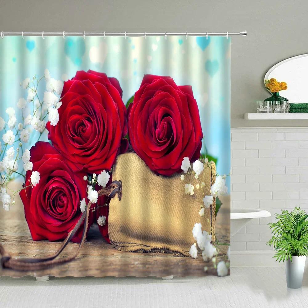 Romantic Rose Shower Curtain Set - Vibrant Red & Purple Floral Designs for Elegant Bathroom Décor, Waterproof & Easy Care
