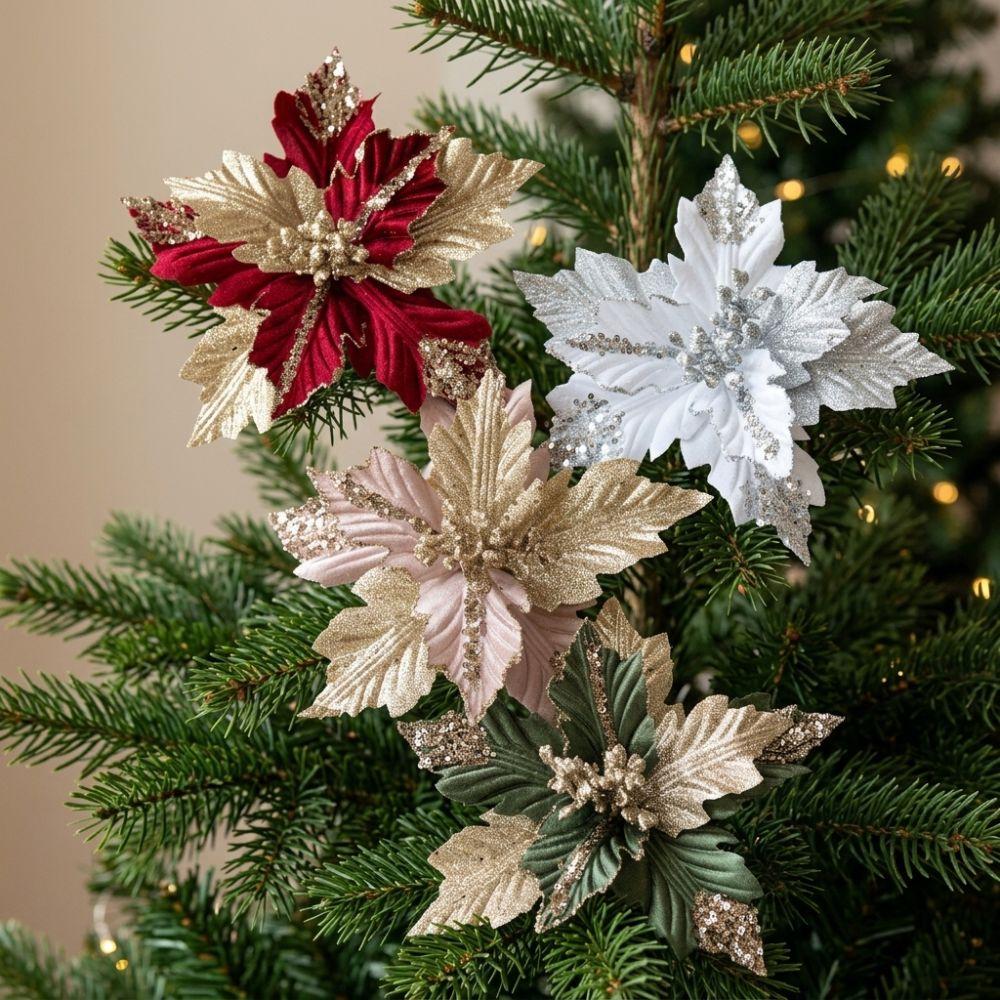 Glitter Powder Sequin Velvet Christmas Flower with Stem Colorful Fake Flower Ornament Sequins Shape Retention Xmas Tree Pendant