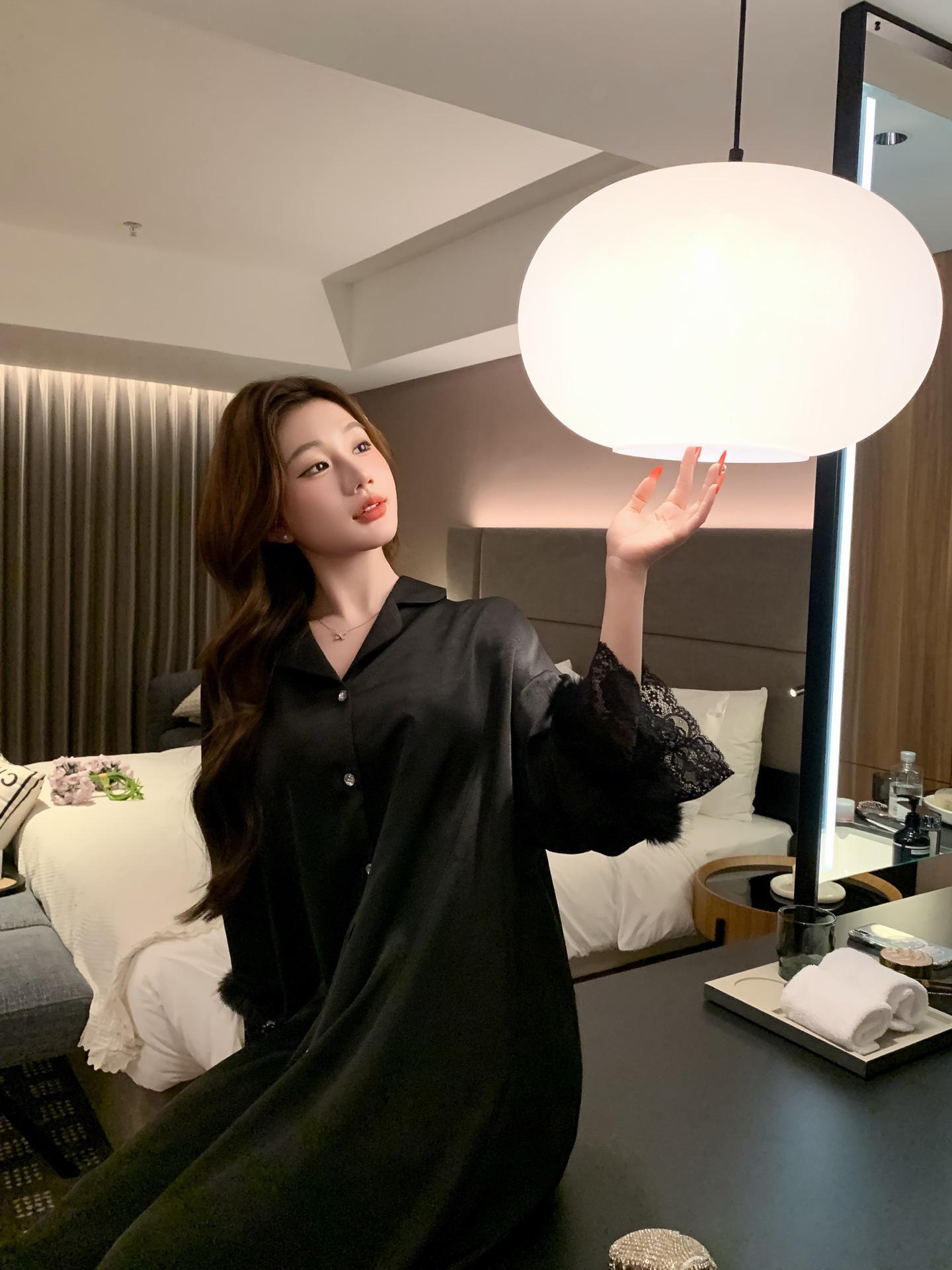 Women s High-End Ice Silk French Pajama Set - Sexy Lace Shirt & Casual Thin Nightgown for Spring, Summer, Autumn One Size