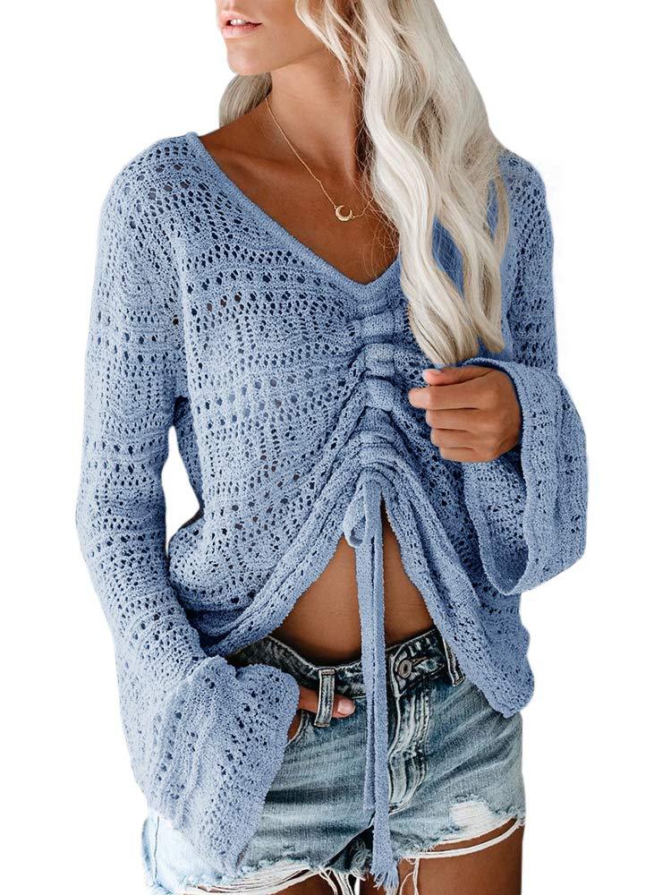 Summer Beach Bohemian Sweater Women's Strapless Hollow Flared Sleeve Drawstring Design Comfortable Knitted Undercoat Top