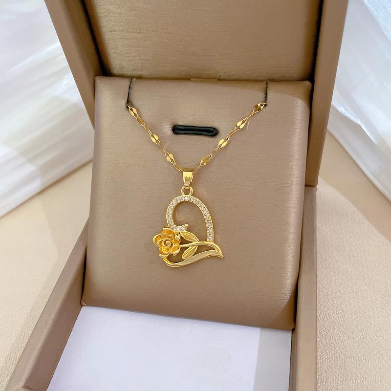 Love Rose Light Luxury Temperament Gorgeous Full Diamond Necklace Female Versatile Collarbone Chain Titanium Steel Chain