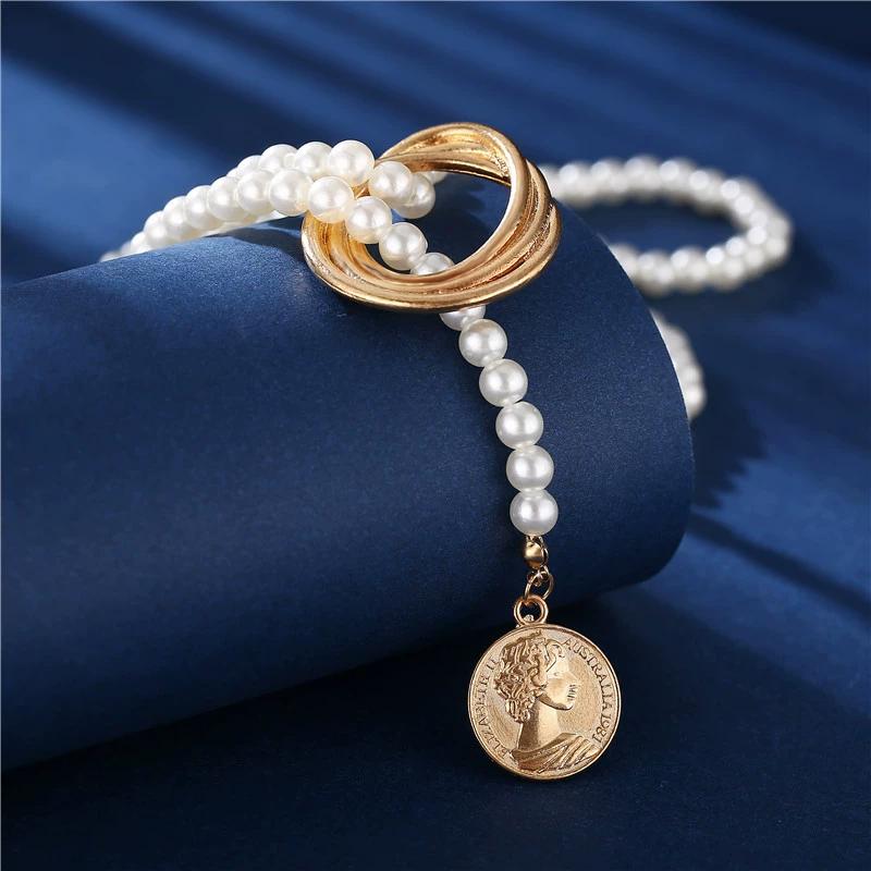 Necklace Women Sweater Chain Geometric Metal Pearl Necklace Women's Collarbone Chain, Sweater Chain