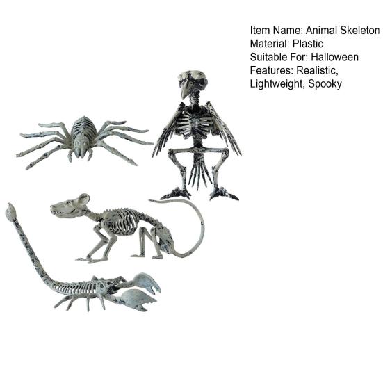 Halloween Animal Skeleton Plastic Bone Model Realistic Skeleton Crow Spider Rat Scorpion Figurine for Haunted Houses Graveyard Scenes Parties Decor