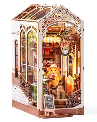 Rolife DIY Book Nook Rabbit Cafe 3D Miniature House Book LED Bookshelf Handmade Assembly Wooden Coffee Shop Retro Illustrated Instructions Easy