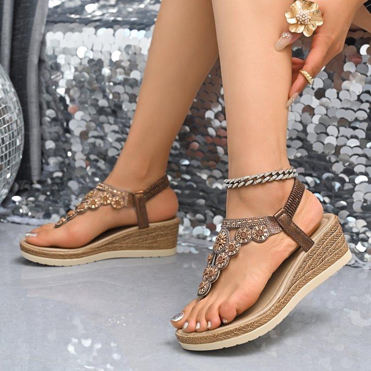 Fashion 2025 New Women's Thick Platform Wedge Sandals Fashion Trend Diamond Leisure Leather Sandals Bohemian Style Bohemian Roman Shoes