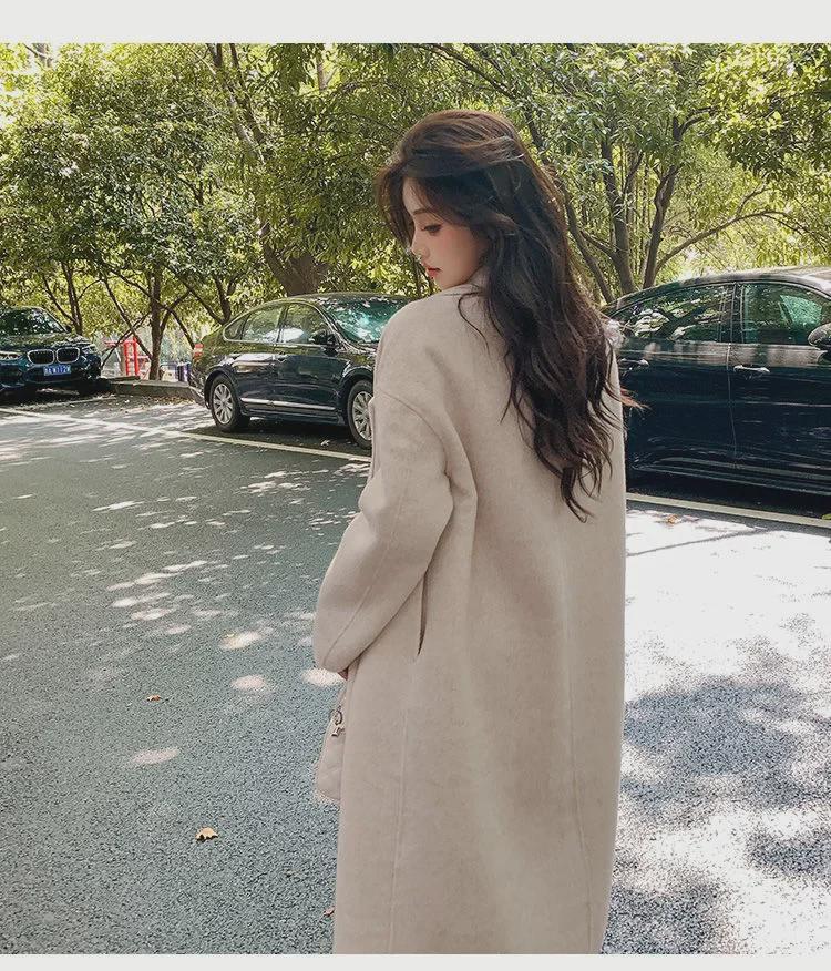 Women's Pink Woolen Mid-Length Loose-Fit Coat - 2023 Autumn/Winter Korean Hepburn Style