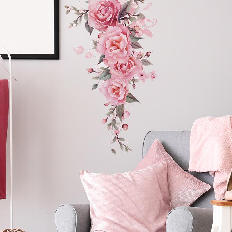 Romantic Pink Rose Green Plants Wall Sticker Self-Adhesive for Bedroom ...