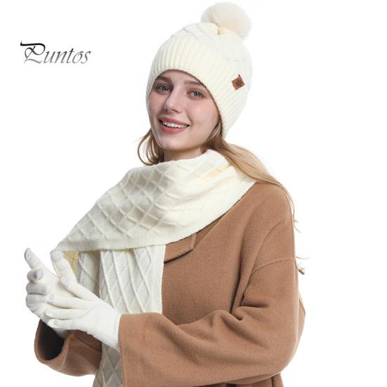 

3 шт./компл. Зимняя шапка, шарф, перчатки, комплект, женская плюшевая шапка-бини с декором в виде мяча, вязаный длинный шарф, перчатки для сенсорного экрана, комплект, ромбовидная текстура, плюшевая подкладка, теплый комплект молочный белый