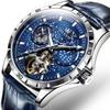 OLEVS Men's Cool Starry Sky Wristwatch, Automatic Mechanical Movement, Luxury Leather Strap, Skeleton Design, Waterproof…