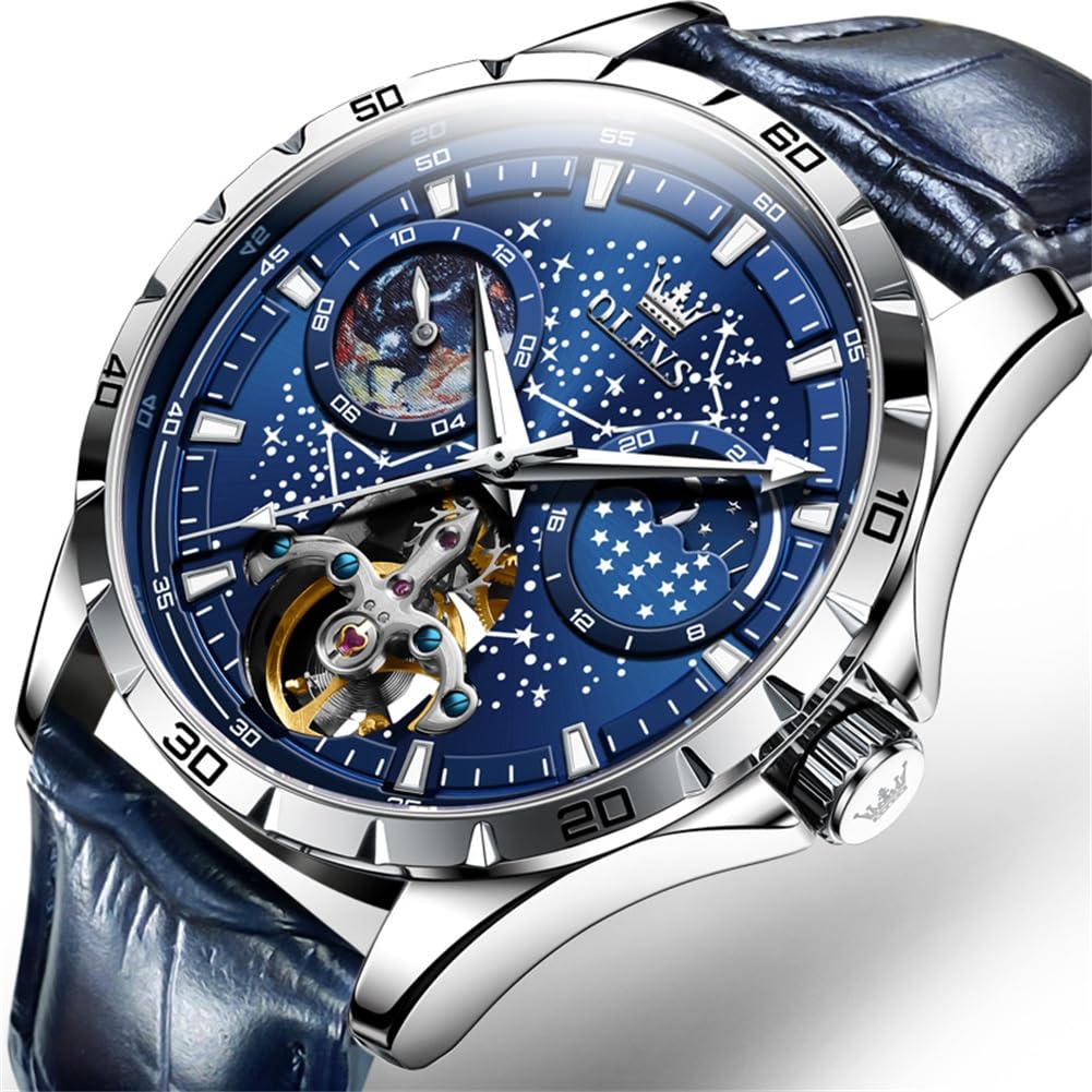 OLEVS Men's Cool Starry Sky Wristwatch, Automatic Mechanical Movement, Luxury Leather Strap, Skeleton Design, Waterproof…