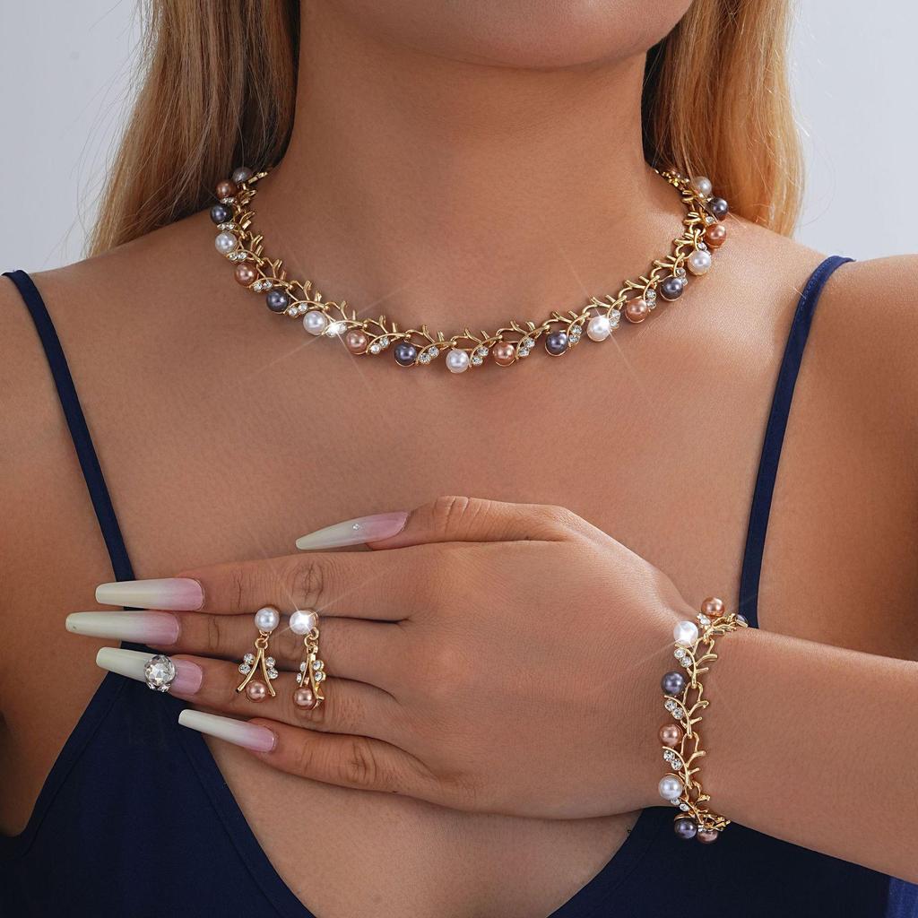 Middle East Bridal Jewelry Set: Pearl Earrings, Necklace & Bracelet