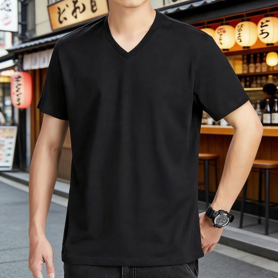 Men Tops Pure Color V-Neck Short Sleeve Tee Shirt Loose Fit Thin Breathable