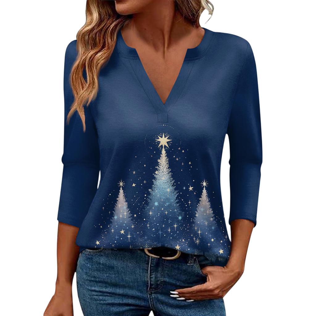 Women's Casual Fashionable Sexy Comfortable V-Neck Christmas Three-Quarter Sleeve Top