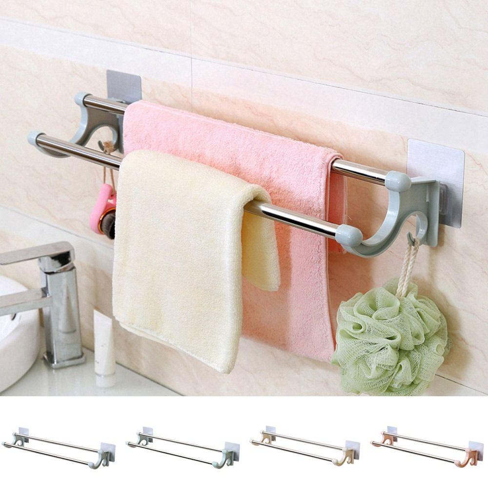 Punch-free Towel Rack Wall Mounted Towel Storage Shelf Multifunctional Double Rod Towel Bar  Toilet