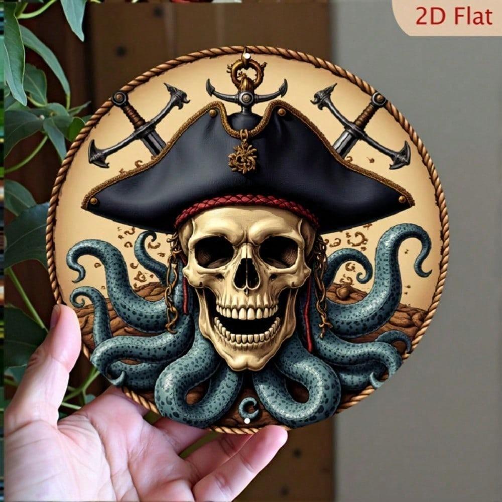 Vintage Metal Poster Octopus Skeleton Pirate Wall Art for Cafe