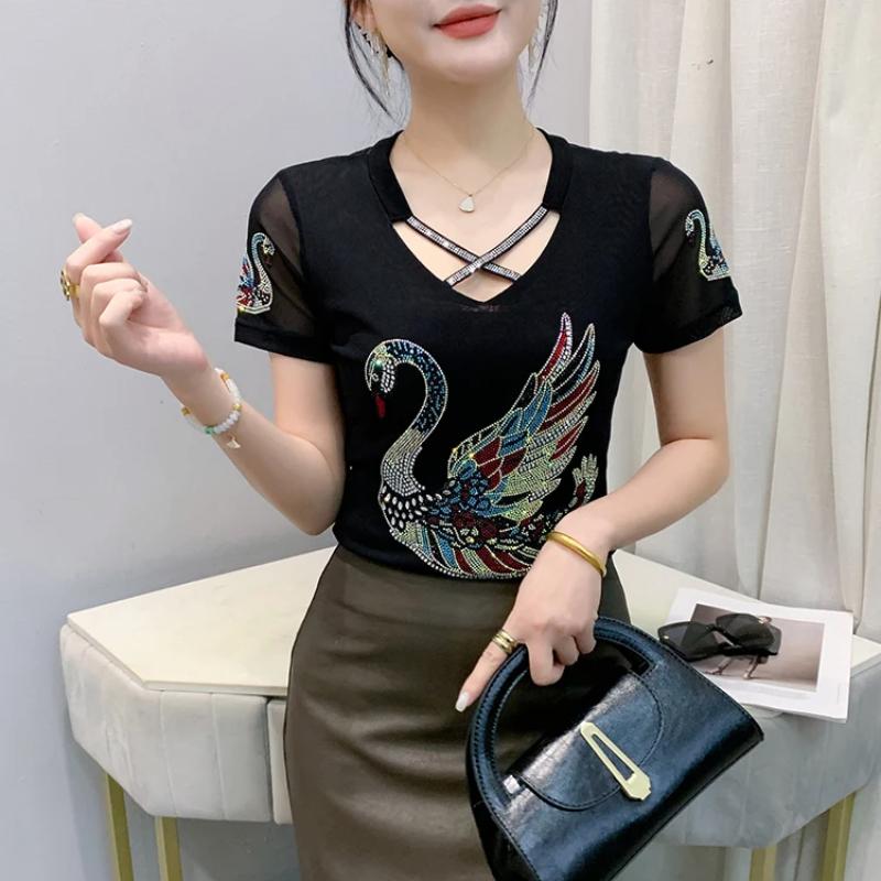 Summer Chic Women Clothes T-shirt Sexy Hollow Out Cartoon Swan Hot Diamonds Tops High Quality Female Luxury Slim Stretch Tees