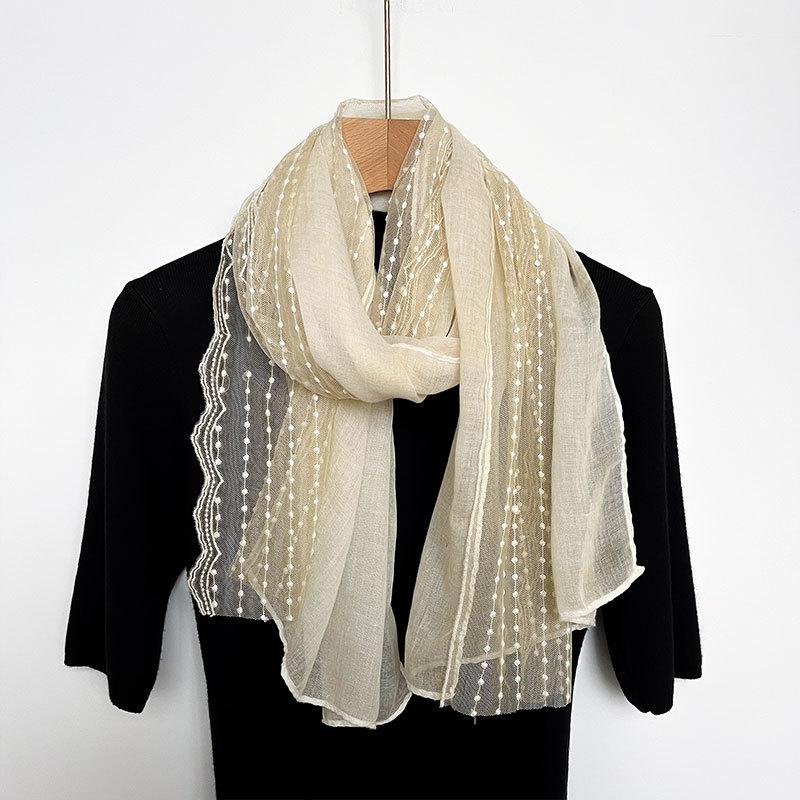 Artistic Celebrity Lace Cotton Linen Scarf for Women In Summer Air-conditioned Room Neck Protection Shawl Travel Scarf