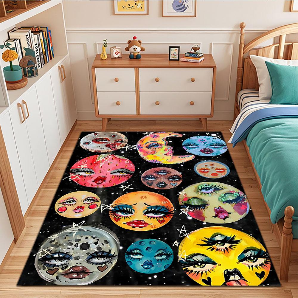 Colorful Celestial Faces with Fantasy Art Patterned carpet, suitable as a non slip play mat for the living room and bedroom sofa