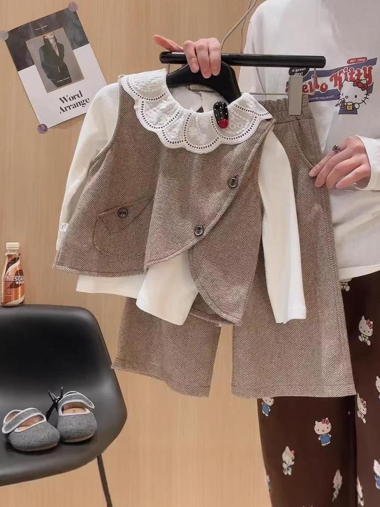 Girl's Korean Chic Tweed Vest Three-Piece Set for Spring/Autumn 2026