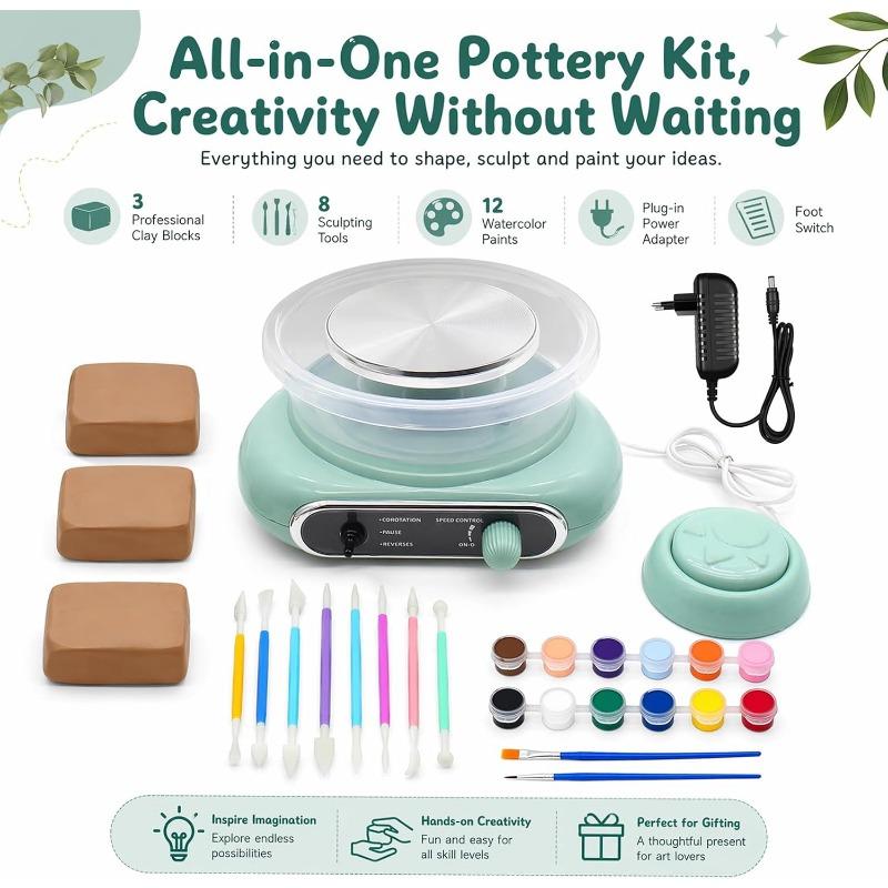 Mini-Keramikscheiben-Set 10cm, Elektrische Scheibe mit Werkzeugen und Ton | Komplettes Töpfer-Set aus Ton, Topfplatte Elektrisch Ideal für Anfänger zum Basteln